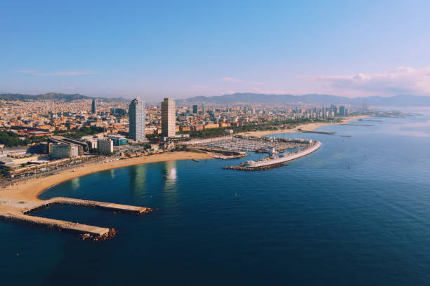 Aerial view of Ciutat Vella district with Barceloneta beach Spain Aerial view of Ciutat Vella district with Barceloneta beach Spain barcelona beach stock pictures, royalty-free photos & images