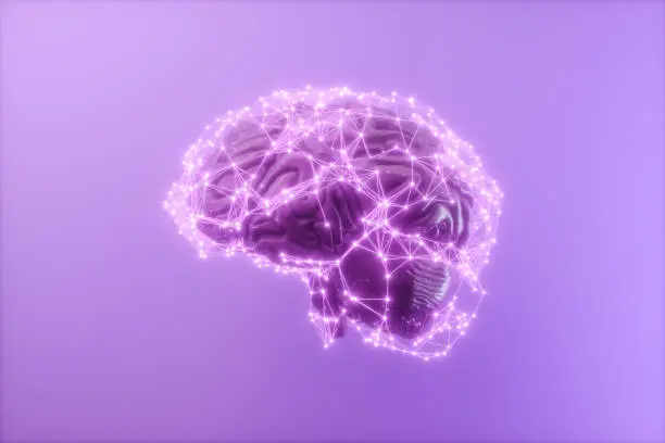 3D Human Brain With Connection Dots And Plexus Lines. Artificial Intelligence And Deep Learning Concept. 3D Rendering