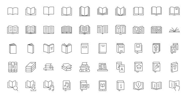 ilustrações de stock, clip art, desenhos animados e ícones de book line icons set. open brochure, magazine, literature, dictionary, audiobook, learning, encyclopedia education, information reference vector illustration. outline sign for library. editable stroke - book open reading education