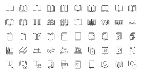 Book line icons set. Open brochure, magazine, literature, dictionary, audiobook, learning, encyclopedia education, information reference vector illustration. Outline signs for library. Editable Stroke