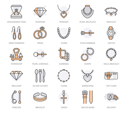 Jewelry flat line icons, jewellery store signs. Jewels accessories - gold engagement rings, gem earrings, silver chain, engraving necklaces, brilliants, pawnshop. Orange color. Editable Stroke.
