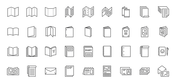 Brochure line icons set. Flyer leaflet, catalogue, booklet, magazine, letterhead, open book and other polygraphy vector illustration. Outline signs for print shop. Editable Stroke.