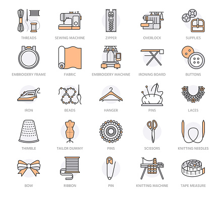 Sewing equipment, tailor supplies flat line icons set. Needlework accessories - sewing embroidery machine, pin, needle, thread, zipper, hanger and other DIY tools. Orange color. Editable Stroke.