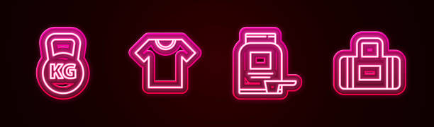 istock Set line Kettlebell, T-shirt, Sports nutrition and bag. Glowing neon icon. Vector 1482774350