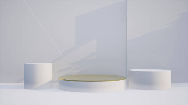 istock Abstract 3D products display podium showcase for scene with geometric shape. 3d rendering with gold stage to show cosmetic products. Lighting in luxury white studio. 1482775999