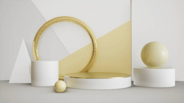 istock Abstract 3D products display podium showcase for scene with geometric shape. 3d rendering with gold stage to show cosmetic products. Lighting in luxury white and gold studio. 1482776009