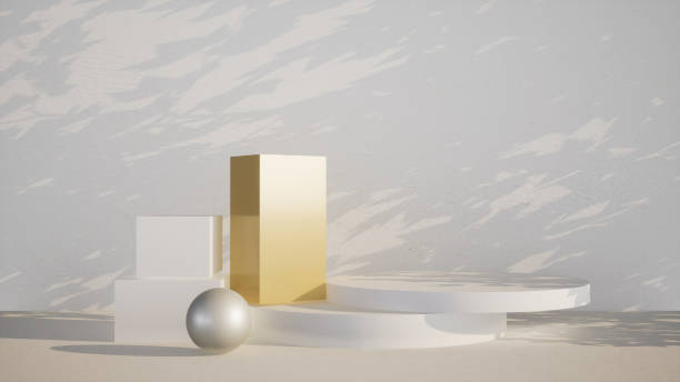 istock Abstract 3D products display podium showcase for scene with geometric shape. 3d rendering with gold stage to show cosmetic products. Lighting in luxury white and gold studio in lighting and shadow. 1482776028