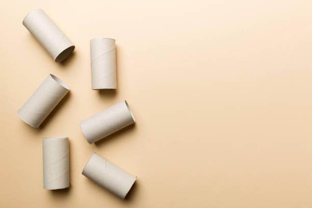 istock Flat lay composition with empty toilet paper rolls and space for text on color background. Recyclable paper tube with metal plug end made of kraft paper or cardboard 1482776592