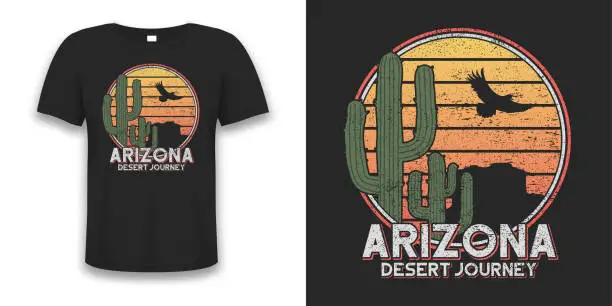 Vector illustration of Arizona t-shirt design with cactus, eagle and rock mountains. Vintage t shirt print with grunge. Arizona tee shirt design.