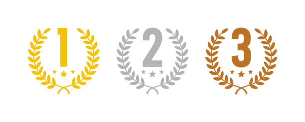 Winning places icons with wreath frame. Award symbol - 1, 2 and 3 place. Golden, silver and bronze laurel wreaths with first, second and third place signs. Winning places icons with wreath frame. Award symbol - 1, 2 and 3 place. Golden, silver and bronze laurel wreaths with first, second and third place signs. Vector. second place stock illustrations