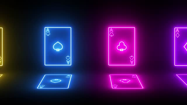 Neon Playing Card Animation On Black Background. Use For Poker Casino Gambling Background. Four Aces Playing Cards Single Heart, Spade, Diamond, And Club Neon Animation Bg