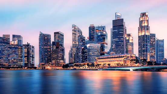Business district in Singapore at sunset