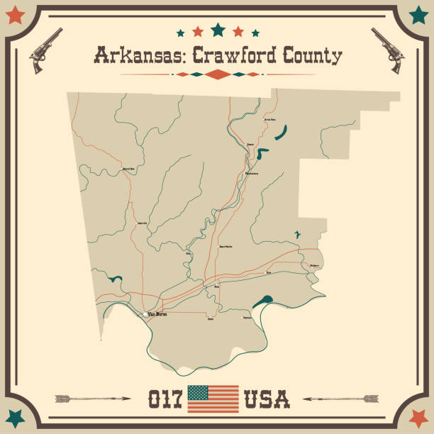 Large and accurate map of Crawford County, Arkansas, USA with vintage colors.