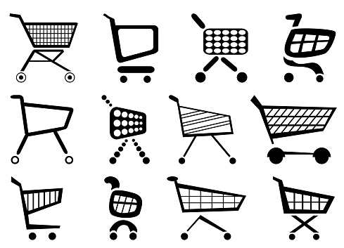 Various vector graphics and cliparts of shopping carts. Push button with symbol shopping cart on a sales portal.