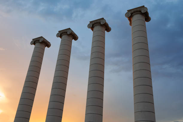 Barcelona, Spain - august 2022: The Four Ionic Columns at Sunset, Les Quatre Columnes in Catalan, Created by Josep Puig i Cadafalch in Barcelona, Spain.
