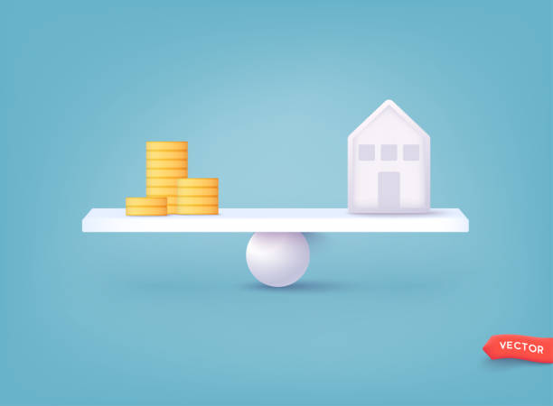 istock Home and coin stacks on balancing scale on blue background. Real estate business mortgage investment and financial loan concept. 3D Web Vector Illustrations. 1482787653