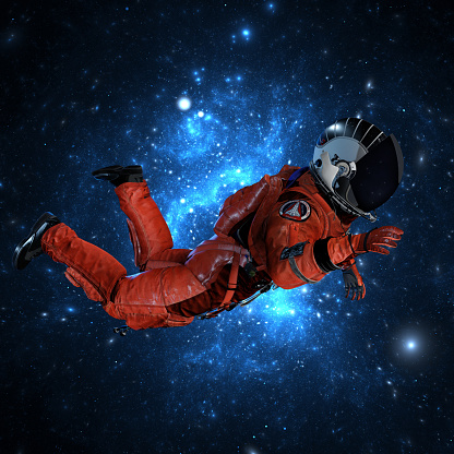 Flight of astronaut cosmonaut in space. Cosmic weightlessness, gravity, falling man into galactic abyss of planet. Astronaut in zero gravity, stars and nebulae. 3d render