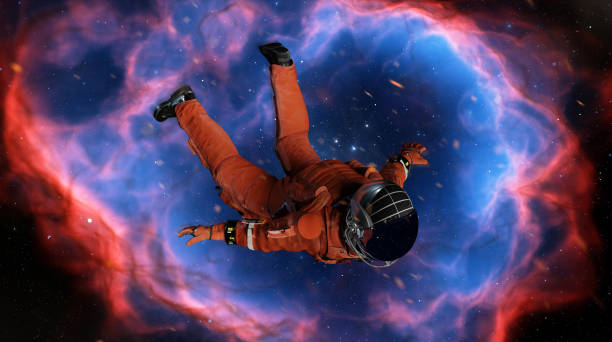 istock Flight of astronaut cosmonaut in space. Cosmic weightlessness, gravity, falling man into galactic abyss of planet. Astronaut in zero gravity, stars and nebulae. 3d render 1482787774