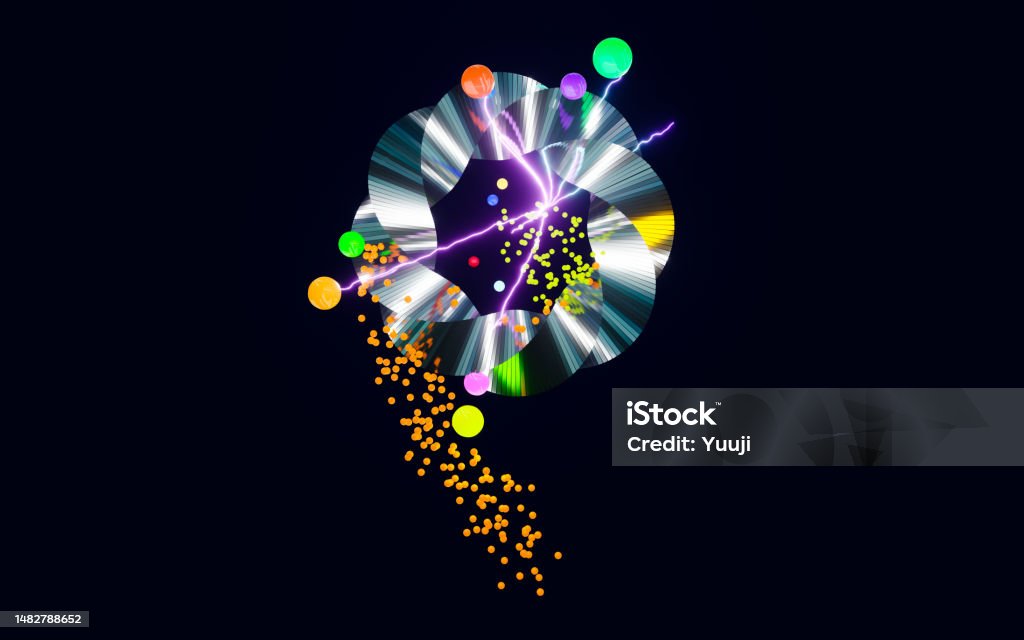 Colorful active state of energy with twisted metallic rings, electrons, and quanta connected by plasma. Information exchange between plasma energy and digital data Abstract Stock Photo