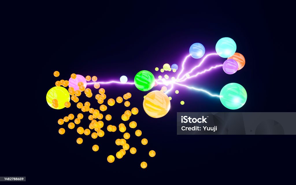 Electrons, quanta connected by plasma, colorful active state of energy Information exchange between plasma energy and digital data Abstract Stock Photo