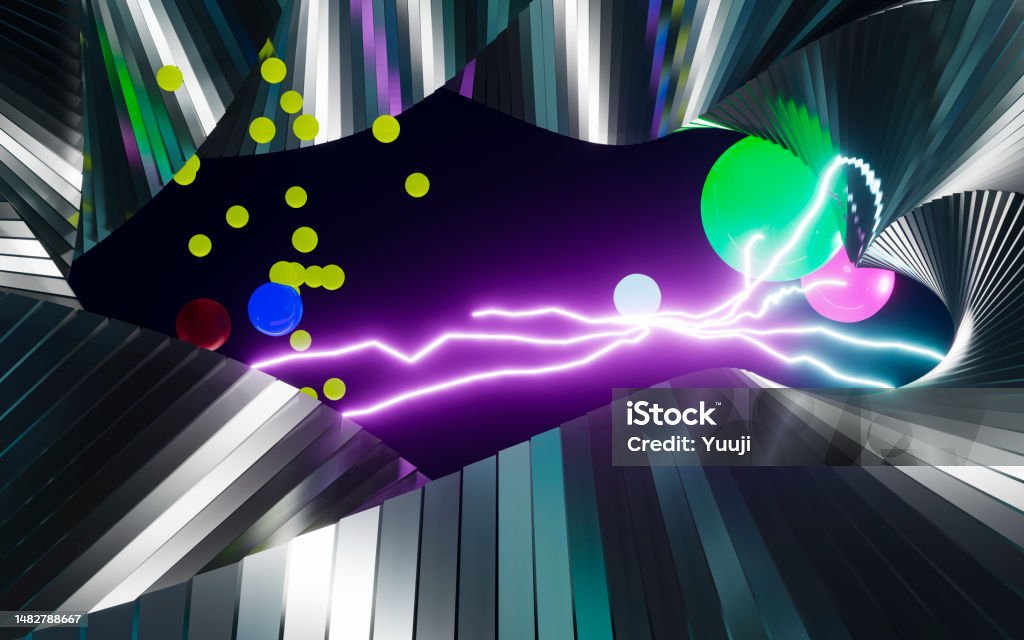 Colorful active state of energy with twisted metallic rings, electrons, and quanta connected by plasma. Information exchange between plasma energy and digital data Abstract Stock Photo