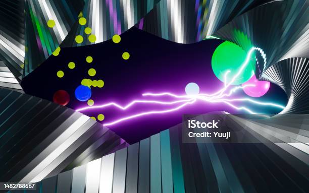 Colorful Active State Of Energy With Twisted Metallic Rings Electrons And Quanta Connected By Plasma Stock Photo - Download Image Now