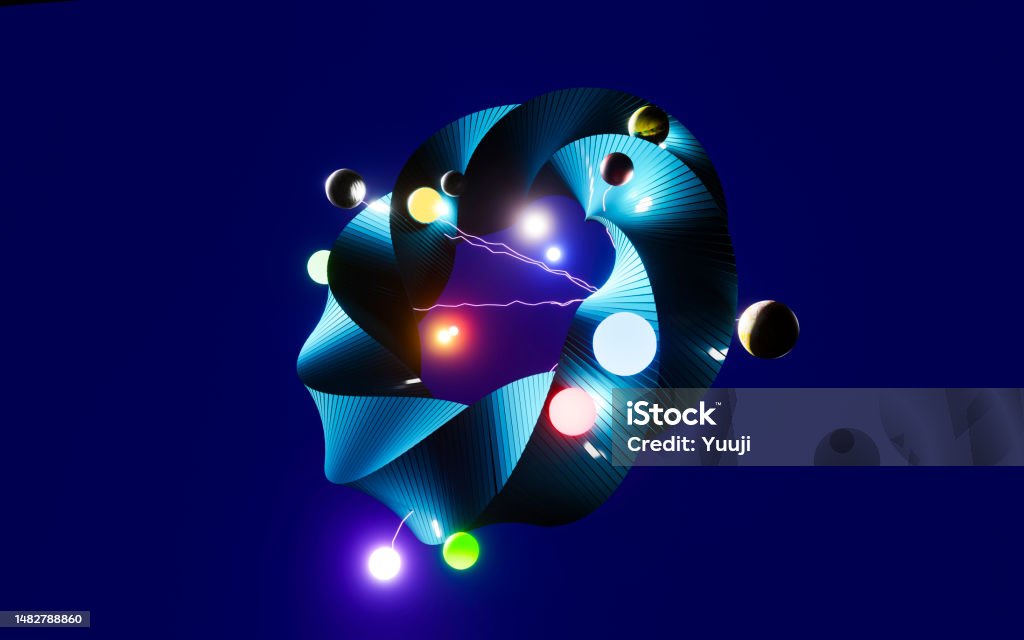 Colorful active state of energy with twisted metallic rings, electrons, and quanta connected by plasma. Twisting metallic rings, electrons and particles, colorfully glowing with the energy of plasma Abstract Stock Photo