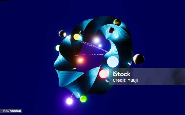 Colorful Active State Of Energy With Twisted Metallic Rings Electrons And Quanta Connected By Plasma Stock Photo - Download Image Now