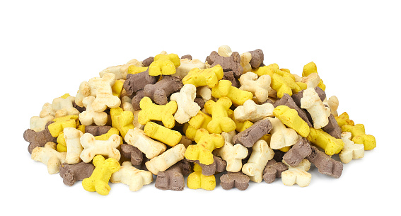 Dog multicolored dry crunchies in form of bone. Crunchy vegetarian puppy treats and nutrition close-up