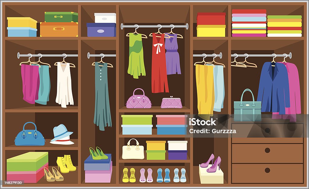 An illustration of a brown cabinet with colorful outfit vector, no gradient, color full Closet stock vector