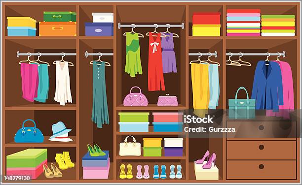 An Illustration Of A Brown Cabinet With Colorful Outfit Stock Illustration - Download Image Now