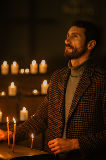 Devout Christian Man Lighting a Candle in Church, Praying and Expressing Devotion to God. Act of Faith and Hope. Symbolizing the Light of Teaching of Jesus Christ of everlasting Love and Compassion