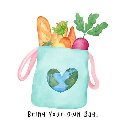 A green Eco-Friendly reusable fabric tote shopping Bag full of fresh vegetables with eart heart shaped watercolor hand drawing illustration, bring your own bag.