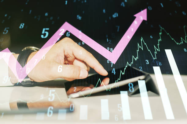 istock Abstract creative financial graph with upward arrow and finger clicks on a digital tablet on background, forex and investment concept. Multiexposure 1482792622