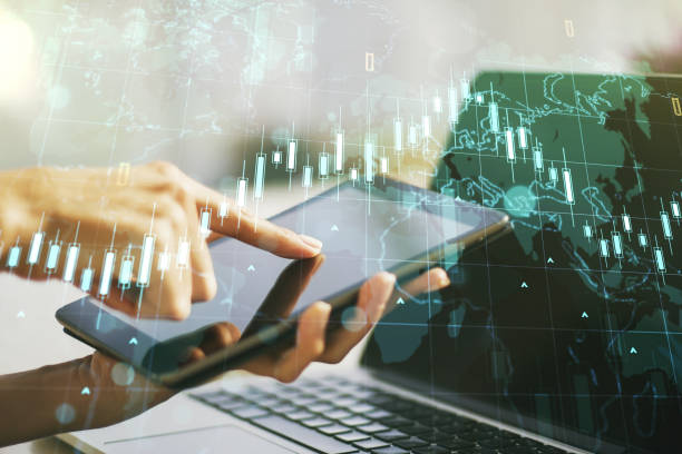 istock Multi exposure of abstract creative financial chart with world map and with finger presses on a digital tablet on background, research and analytics concept 1482792641