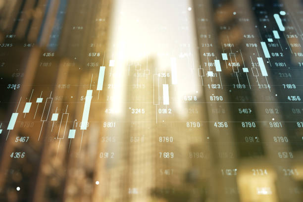 istock Abstract virtual stats data hologram on office buildings background. Multiexposure 1482792868