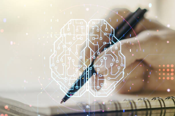 istock Double exposure of creative human brain microcircuit with woman hand writing in notepad on background. Future technology and AI concept 1482794053