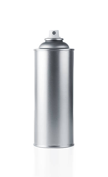 A blank metallic spray paint can on a white background