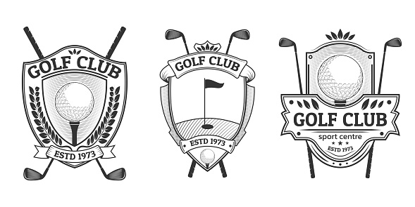 Golf club logo, icon or badge set. Vintage design with ball on a tee and crossed golf sticks. Retro shield emblems. Sport tournament or championship labels. Vector illustration.