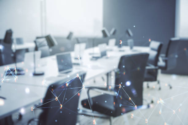 istock Double exposure of abstract virtual technology hologram on modern corporate office background. Research and development software concept 1482796705