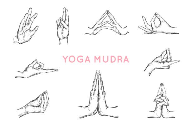 vektor handgezeichnete hände in yoga-mudras.  joga. spiritualitätskonzept - mudras stock-grafiken, -clipart, -cartoons und -symbole