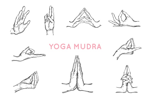 Vector hand drawn set of hands in Yoga mudras.  Yoga. Spirituality concept