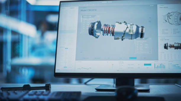 istock Close Up of a Computer Monitor Display with 3D CAD Software with Prototype Turbine Motor Project. Interface with Vital Setting and Programming Options for the Industrial Engine Prototype. 1482799680