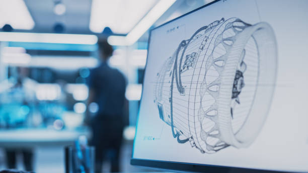 Close Up of a Computer Monitor Display with 3D CAD Software with Prototype Turbine Motor Project. Interface with Vital Setting and Programming Options for the Industrial Engine Prototype. Close Up of a Computer Monitor Display with 3D CAD Software with Prototype Turbine Motor Project. Interface with Vital Setting and Programming Options for the Industrial Engine Prototype. computer aided design stock pictures, royalty-free photos & images