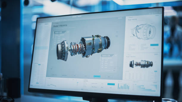 istock Close Up of a Computer Monitor Display with 3D CAD Software with Prototype Turbine Motor Project. Interface with Vital Setting and Programming Options for the Industrial Engine Prototype. 1482799737