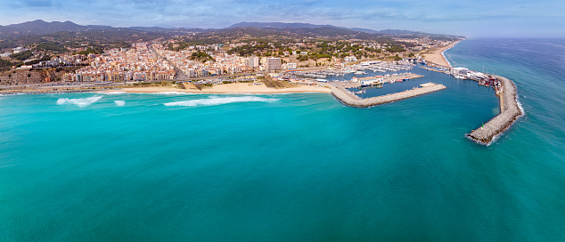 Arenys de Mar beach village aerial skyline in Barcelona Catalonia on Mediterranean sea of Spain. Costa del Maresme Coast