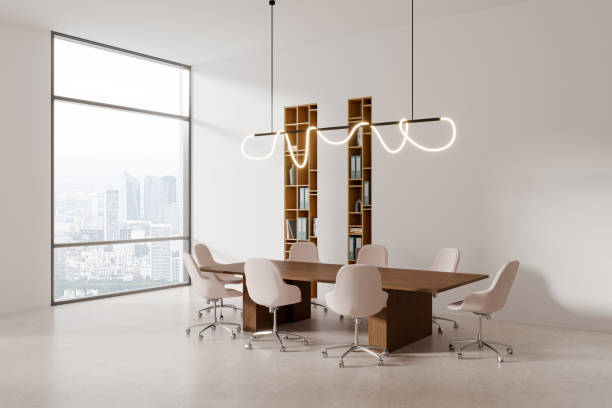 istock Light business room interior with meeting table and chairs, panoramic window 1482801776