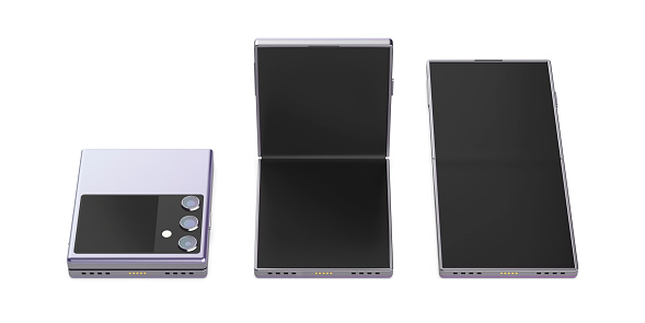 Group of three foldable smartphones on white background