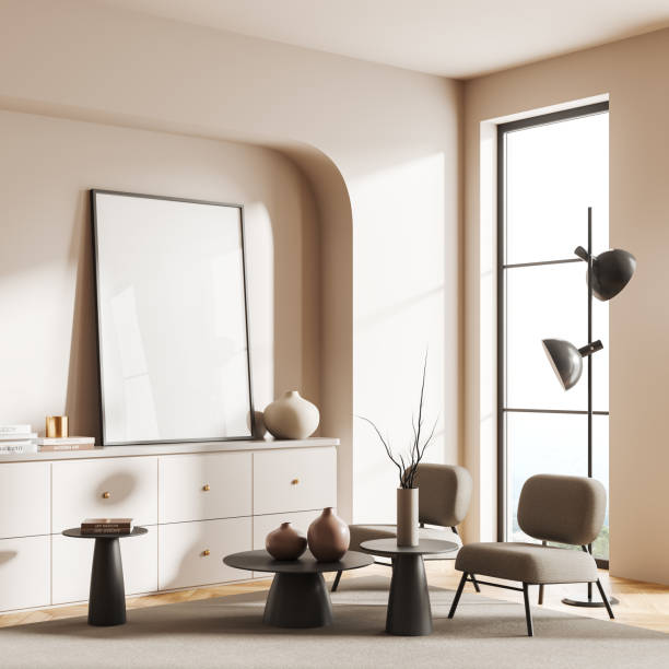 istock Cozy living room interior armchairs and drawer with window, mockup frame 1482801909