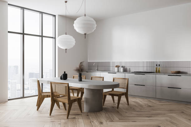 istock Luxury home kitchen interior with cooking and dining corner, panoramic window 1482801963